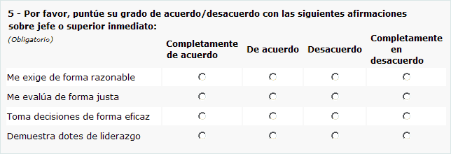 Por favor, puntúe su grado de acuerdo/desacuerdo con las siguientes afirmaciones sobre su jefe o superior inmediato